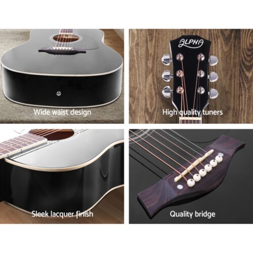 Alpha 41 Inch Acoustic Guitar Wooden Body Steel String Dreadnought Stand Black - Image 6