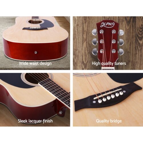 Alpha 41 Inch Acoustic Guitar Wooden Body Steel String Dreadnought Stand Wood - Image 5