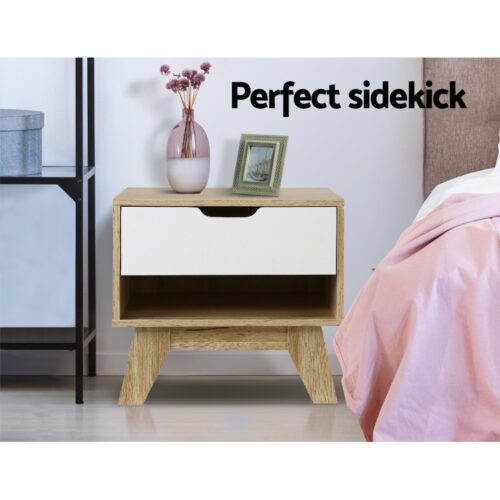 Artiss Bedside Table 1 Drawer with Shelf - IKER White & Oak - Image 2