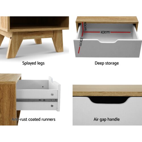 Artiss Bedside Table 1 Drawer with Shelf - IKER White & Oak - Image 3