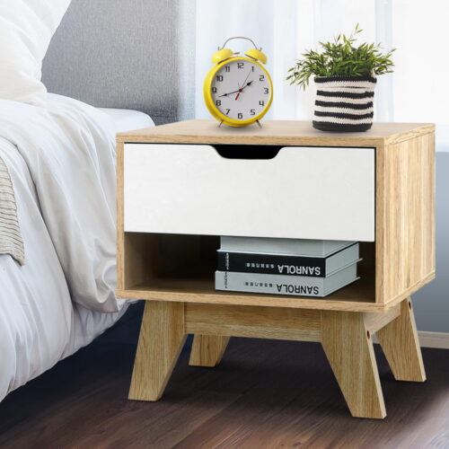 Artiss Bedside Table 1 Drawer with Shelf - IKER White & Oak - Image 6