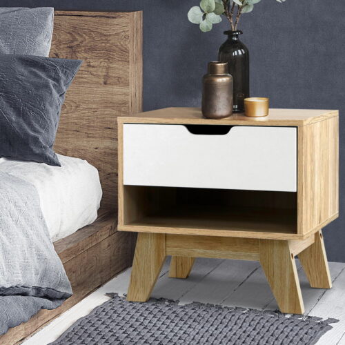 Artiss Bedside Table 1 Drawer with Shelf - IKER White & Oak - Image 7