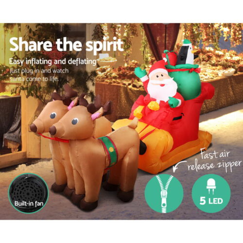 Jingle Jollys Christmas Inflatable Santa Sleigh 2.2M Illuminated Decorations - Image 5