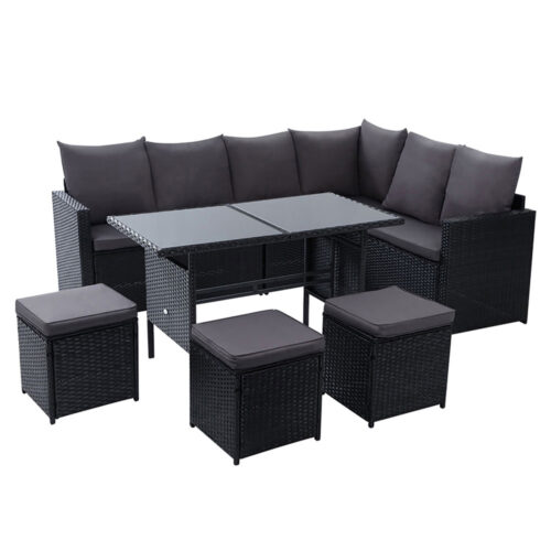 Gardeon Outdoor Dining Set Sofa Lounge Setting Chairs Table Ottoman Black Cover - Image 2