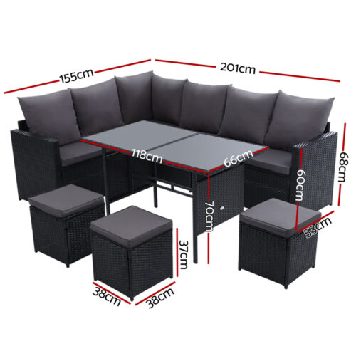 Gardeon Outdoor Dining Set Sofa Lounge Setting Chairs Table Ottoman Black Cover - Image 3