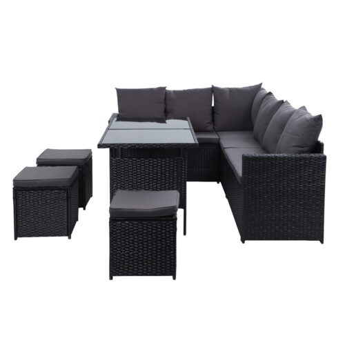 Gardeon Outdoor Dining Set Sofa Lounge Setting Chairs Table Ottoman Black Cover - Image 5