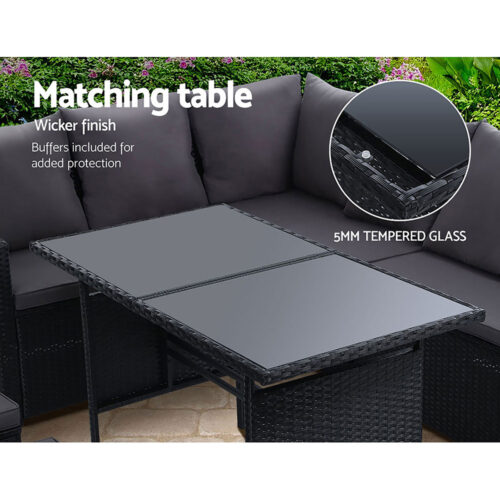 Gardeon Outdoor Dining Set Sofa Lounge Setting Chairs Table Ottoman Black Cover - Image 6