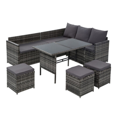 Gardeon Outdoor Dining Set Sofa Lounge Setting Chairs Table Ottoman Grey Cover - Image 2