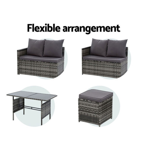 Gardeon Outdoor Dining Set Sofa Lounge Setting Chairs Table Ottoman Grey Cover - Image 8