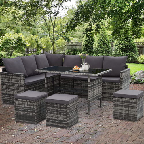 Gardeon Outdoor Dining Set Sofa Lounge Setting Chairs Table Ottoman Grey Cover - Image 9