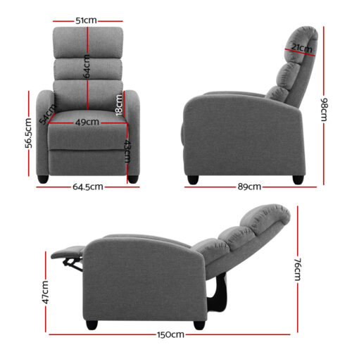 Artiss Recliner Armchair Grey Fabric Bolivia - Image 3