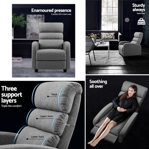 Artiss Recliner Armchair Grey Fabric Bolivia - Image 5
