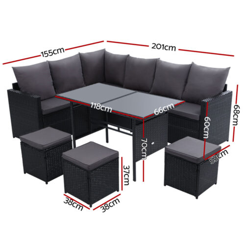 Gardeon Outdoor Furniture Dining Setting Sofa Set Lounge Wicker 9 Seater Black - Image 3