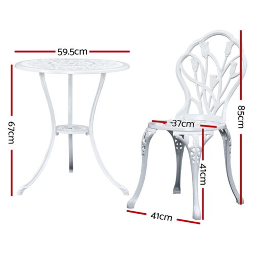 Gardeon 3PC Outdoor Setting Bistro Set Chairs Table Cast Aluminum Patio Furniture Tulip White - Image 3