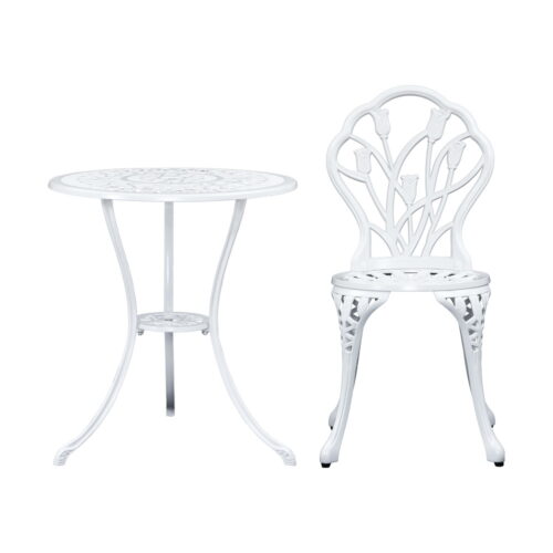 Gardeon 3PC Outdoor Setting Bistro Set Chairs Table Cast Aluminum Patio Furniture Tulip White - Image 4