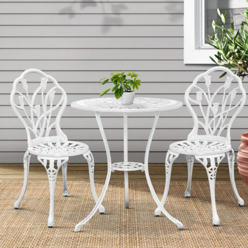Gardeon 3PC Outdoor Setting Bistro Set Chairs Table Cast Aluminum Patio Furniture Tulip White - Image 9