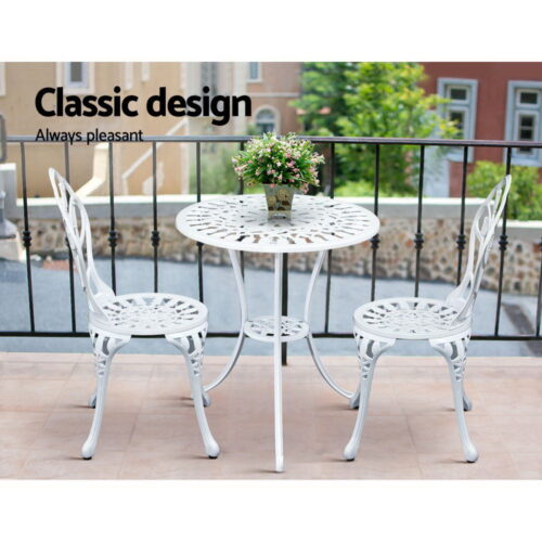Gardeon 3PC Outdoor Setting Bistro Set Chairs Table Cast Aluminum Patio Furniture Tulip White - Image 10