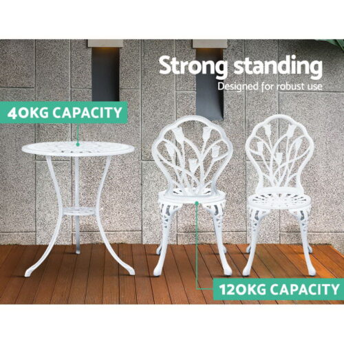 Gardeon 3PC Outdoor Setting Bistro Set Chairs Table Cast Aluminum Patio Furniture Tulip White - Image 11