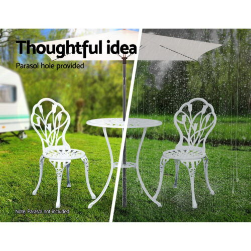 Gardeon 3PC Outdoor Setting Bistro Set Chairs Table Cast Aluminum Patio Furniture Tulip White - Image 12