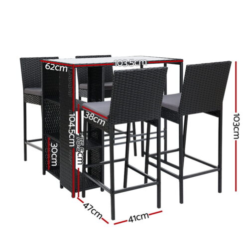 Gardeon 5-Piece Outdoor Bar Set Patio Dining Chairs Wicker Table Stools - Image 3