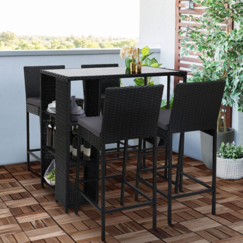 Gardeon 5-Piece Outdoor Bar Set Patio Dining Chairs Wicker Table Stools - Image 9