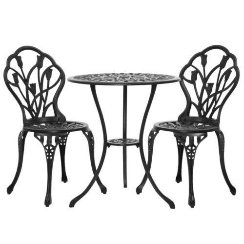 Gardeon 3PC Outdoor Setting Bistro Set Chairs Table Cast Aluminum Patio Furniture Tulip Black - Image 2