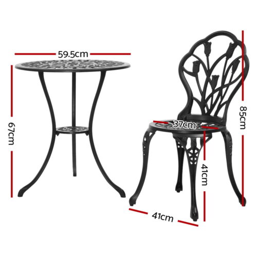 Gardeon 3PC Outdoor Setting Bistro Set Chairs Table Cast Aluminum Patio Furniture Tulip Black - Image 3