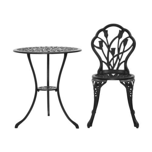 Gardeon 3PC Outdoor Setting Bistro Set Chairs Table Cast Aluminum Patio Furniture Tulip Black - Image 4