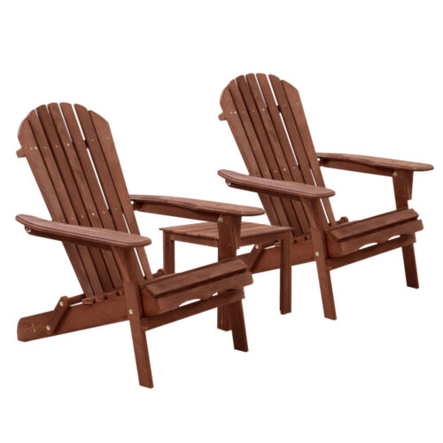 Gardeon 3PC Adirondack Outdoor Table and Chairs Wooden Foldable Beach Chair Brown - Image 2