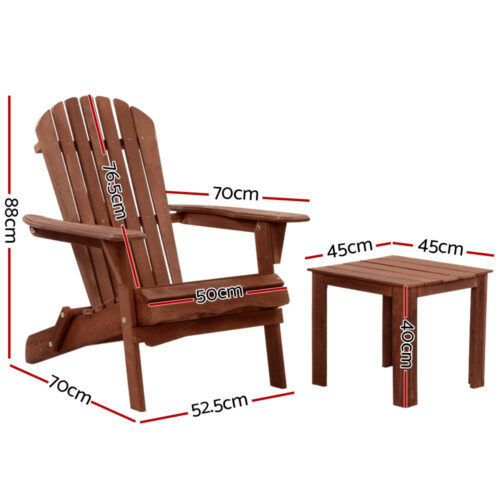 Gardeon 3PC Adirondack Outdoor Table and Chairs Wooden Foldable Beach Chair Brown - Image 3