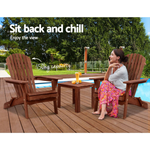 Gardeon 3PC Adirondack Outdoor Table and Chairs Wooden Foldable Beach Chair Brown - Image 8