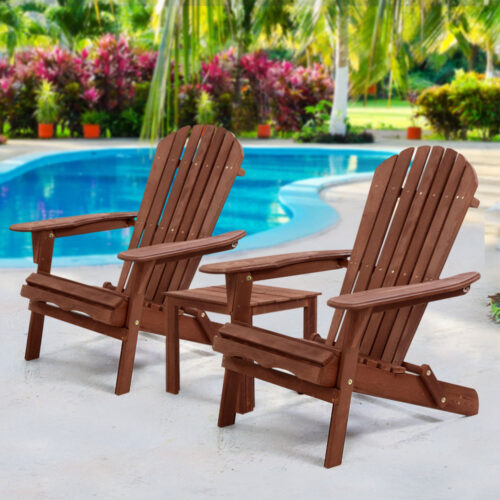 Gardeon 3PC Adirondack Outdoor Table and Chairs Wooden Foldable Beach Chair Brown - Image 9