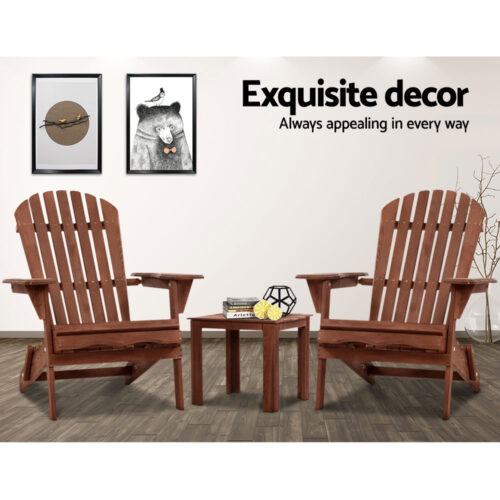 Gardeon 3PC Adirondack Outdoor Table and Chairs Wooden Foldable Beach Chair Brown - Image 11