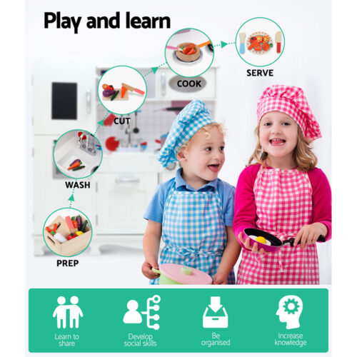 Keezi Kids Kitchen Play Set Wooden Pretend Toys Cooking Children Storage White - Image 4