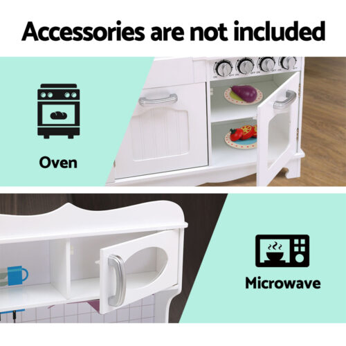 Keezi Kids Kitchen Play Set Wooden Pretend Toys Cooking Children Storage White - Image 5