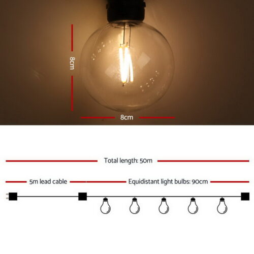 Jingle Jollys 50m LED Festoon String Lights 50 Bulbs Kits Wedding Party Christmas G80 - Image 2