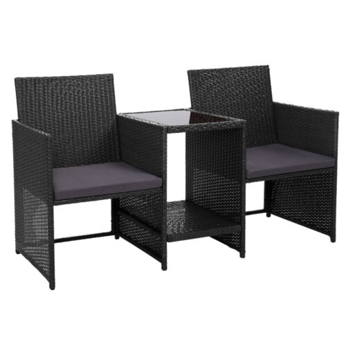 Gardeon Outdoor Setting Wicker Loveseat Birstro Set Patio Garden Furniture Black - Image 2
