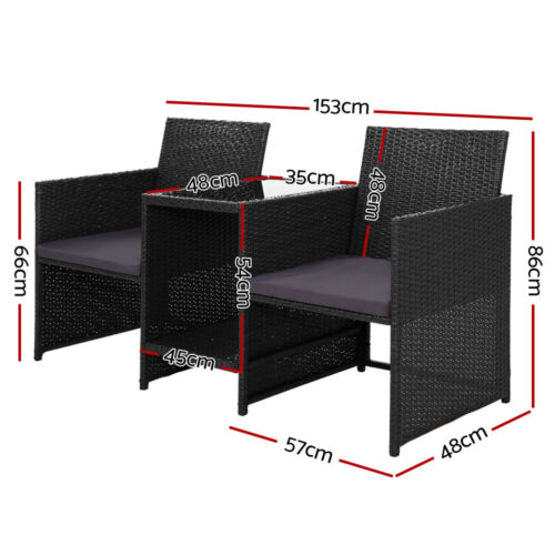 Gardeon Outdoor Setting Wicker Loveseat Birstro Set Patio Garden Furniture Black - Image 3