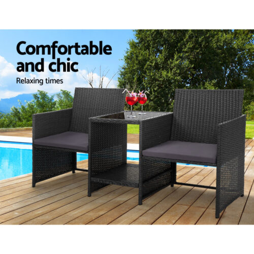 Gardeon Outdoor Setting Wicker Loveseat Birstro Set Patio Garden Furniture Black - Image 6