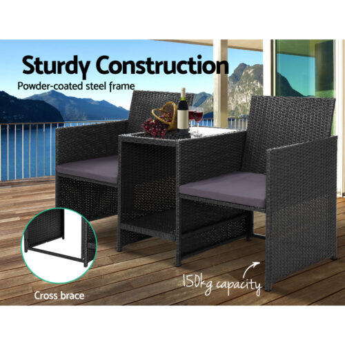 Gardeon Outdoor Setting Wicker Loveseat Birstro Set Patio Garden Furniture Black - Image 11