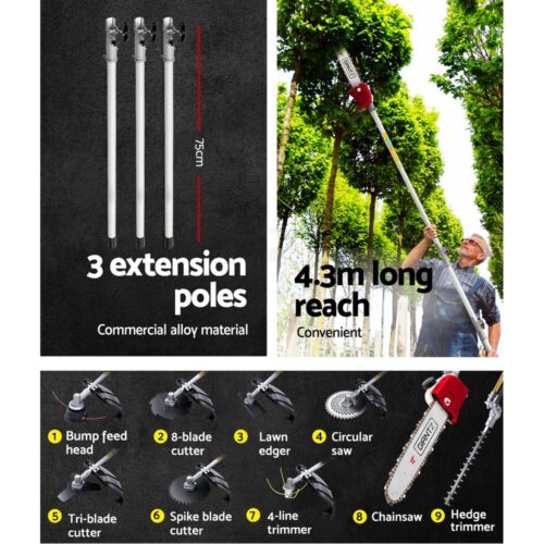 Giantz 65CC Pole Chainsaw Hedge Trimmer Brush Cutter Whipper Snipper 9-in-1 4.3m - Image 6