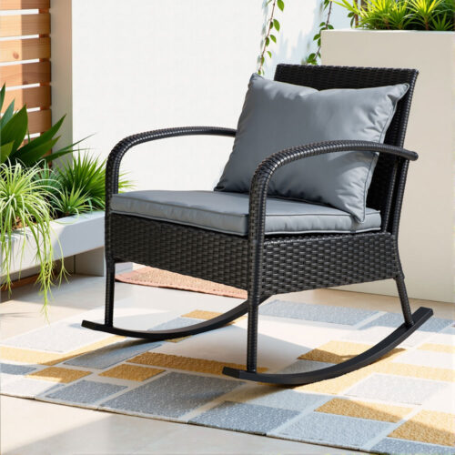 Gardeon Outdoor Furniture Rocking Chair Wicker Garden Patio Lounge Setting Black - Image 8