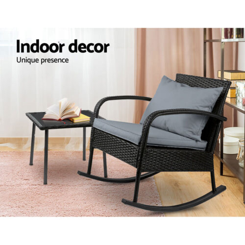 Gardeon 2PC Rocking Chair Table Wicker Outdoor Furniture Patio Lounge Setting - Image 5