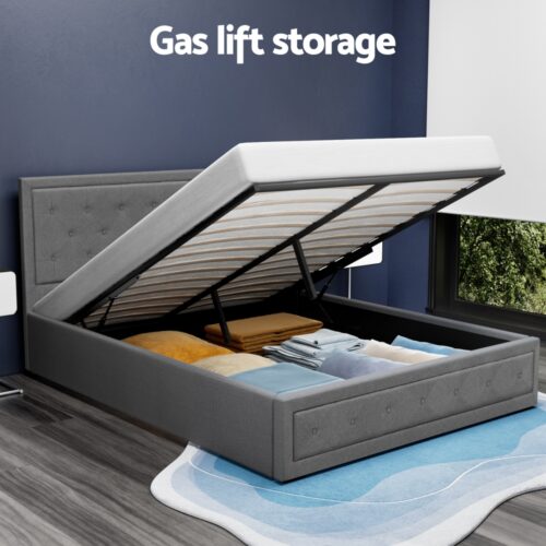 Artiss Bed Frame Queen Size Gas Lift Grey TIYO - Image 4