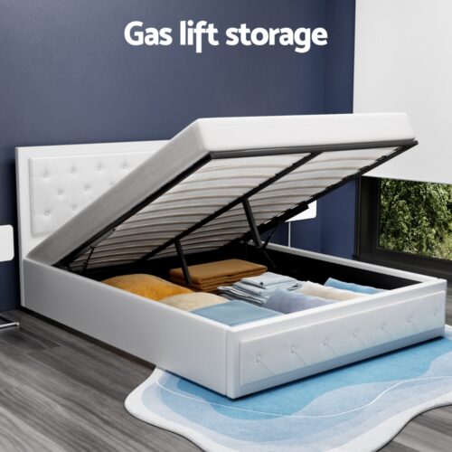 Artiss Bed Frame Queen Size Gas Lift White TIYO - Image 4