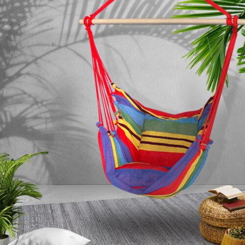 Gardeon Hammock Chair Outdoor Camping Hanging Hammocks Cushion Pillow Rainbow - Image 7