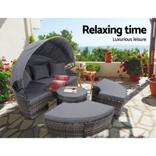 Gardeon Sun Lounge Setting Wicker Lounger Day Bed Patio Outdoor Furniture Grey - Image 8
