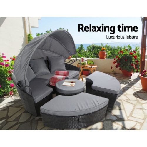 Gardeon Sun Lounge Setting Wicker Lounger Day Bed Patio Outdoor Furniture Black - Image 8