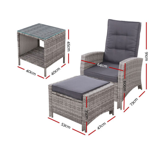 Gardeon 5PC Recliner Chairs Table Sun lounge Wicker Outdoor Furniture Adjustable Grey - Image 3