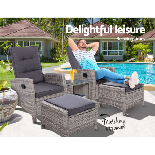 Gardeon 5PC Recliner Chairs Table Sun lounge Wicker Outdoor Furniture Adjustable Grey - Image 4